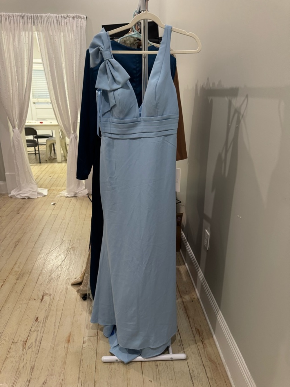 Mac Duggal style 49454 Elegant Light Blue V-Neck Evening Gown with Bow Shoulder